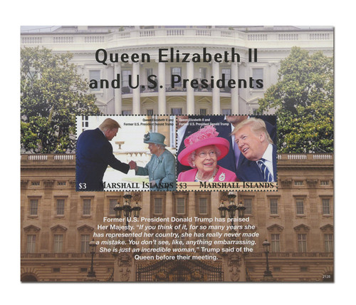 MFN223  - 2021 $3 Queen Elizabeth II and US Presidents: Donald Trump, Mint Souvenir Sheet, Marshall Islands