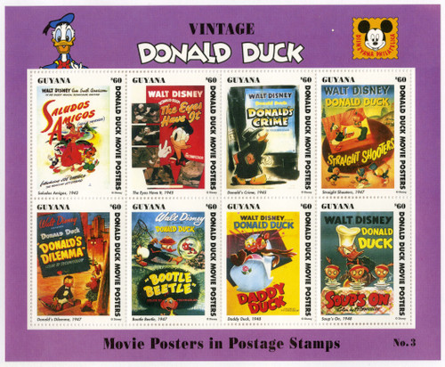 MDS357C  - 1993 Disney Movie Posters - Donald Duck, Mint, Sheet of 8 Stamps, Guyana