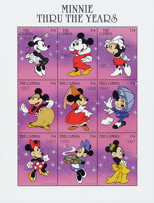 MDS290A  - 1997 Disney's Minnie Thru the Years, Mint Sheet of 9 Stamps, Gambia