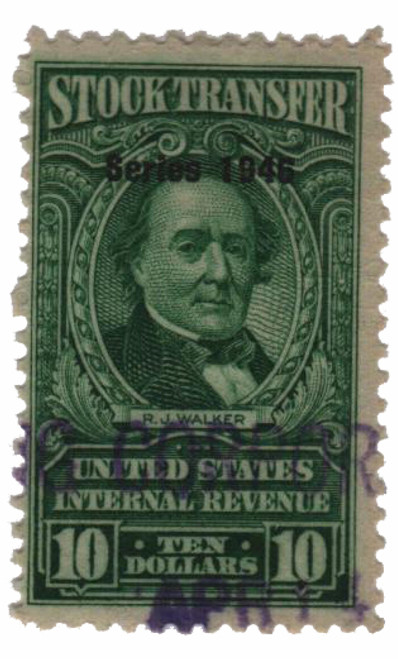 RD224  - 1946 $10 Stock Transfer Stamp, bright green, watermark, perf 11