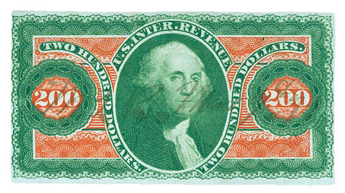 R102a  - 1864 $200 US Internal Revenue Stamp - green & red