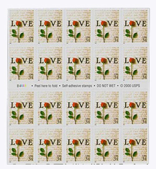 3497a  - 2001 34c Rose & Love Letter bklt pane 20