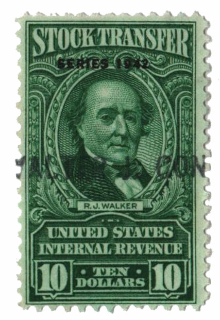 RD132  - 1942 $10 Stock Transfer Stamp, bright green, watermark, perf 11