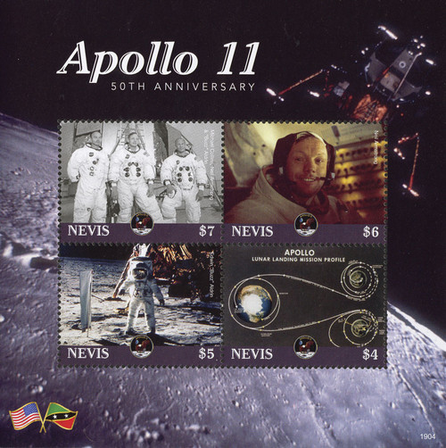 M12501  - 2019 $7 Apollo 11 50th Anniversary, Sheet of 4 Stamps, Mint, Nevis