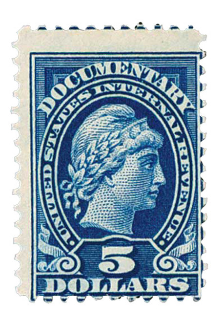 R220  - 1914 $5 US Internal Revenue Stamp -  Liberty, engraved, blue