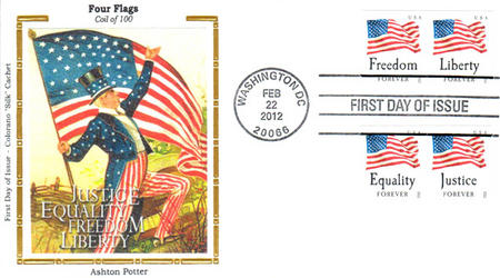 4646 - 2012 First-Class Forever Stamp - Flag and Liberty with Dark Dots  in Star (Sennett Security Products)