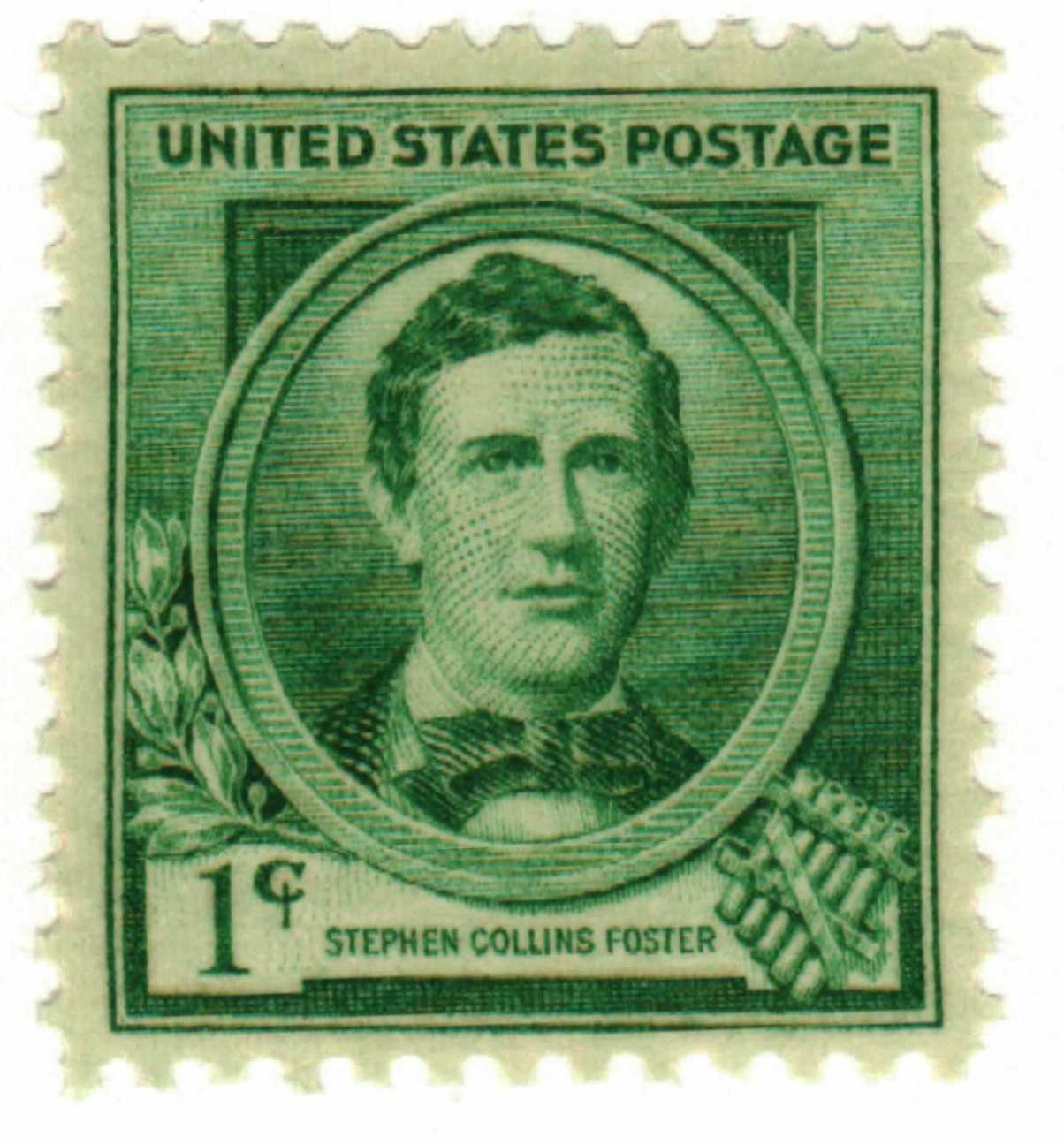 First Day of Issue envelope with portrait stamp of Sousa within decorative  border and U.S. Honors Famous Americans printed in red at left, with block  of four 2-cent commemorative postal stamps, postmarked