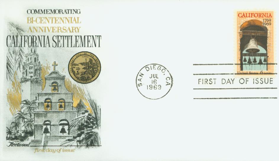 Pack of 10 stamps .. 6c California Settlement 200th Anniversary .. Vintage  Unused US Postage Stamps. Big Sur, San Francisco, Church Bells