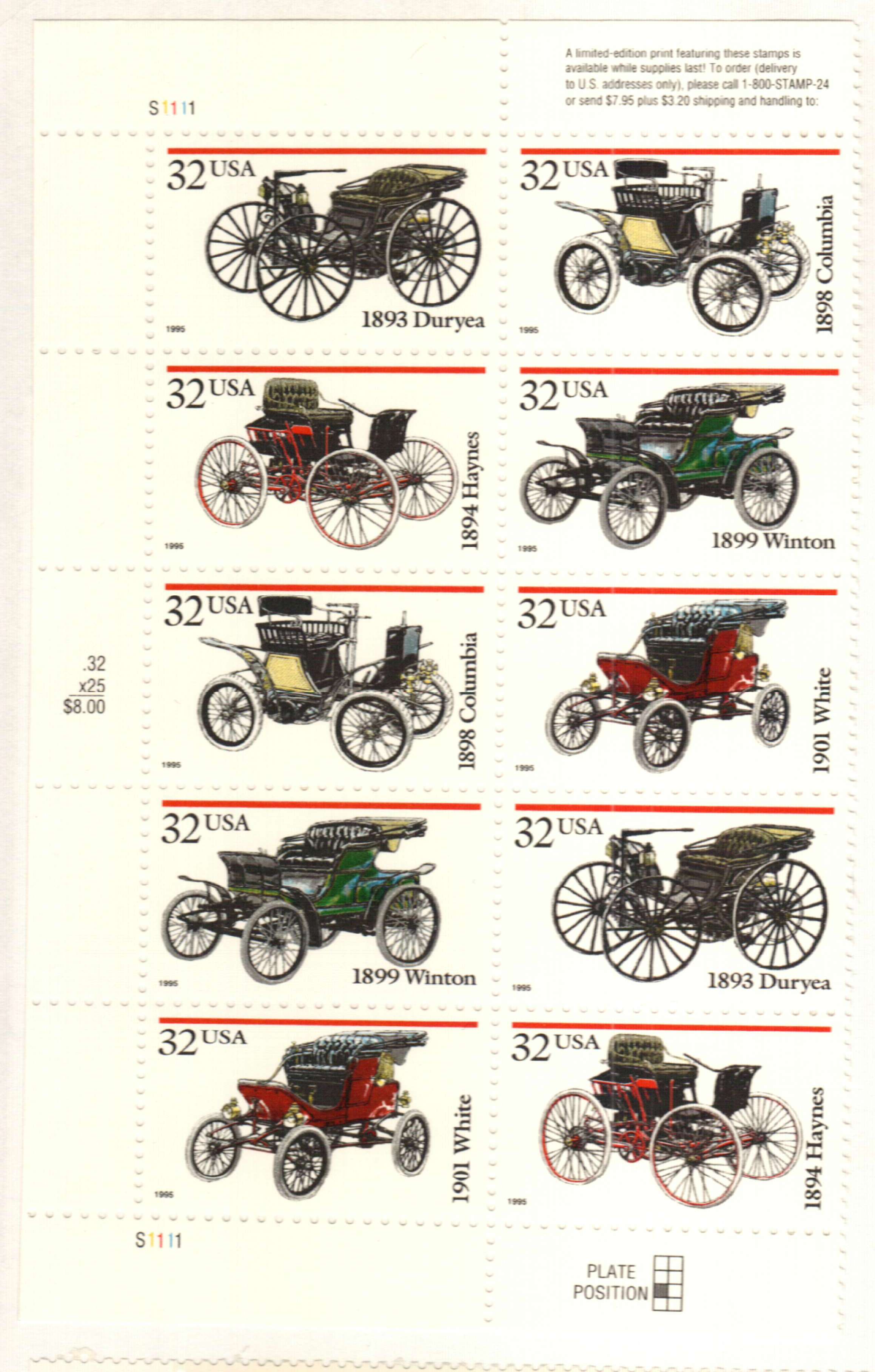 3019-23 - 1995 32c Antique Automobiles - Mystic Stamp Company