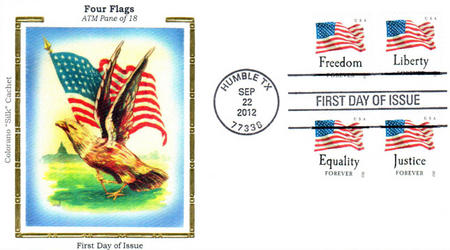 4646 - 2012 First-Class Forever Stamp - Flag and Liberty with Dark Dots  in Star (Sennett Security Products)