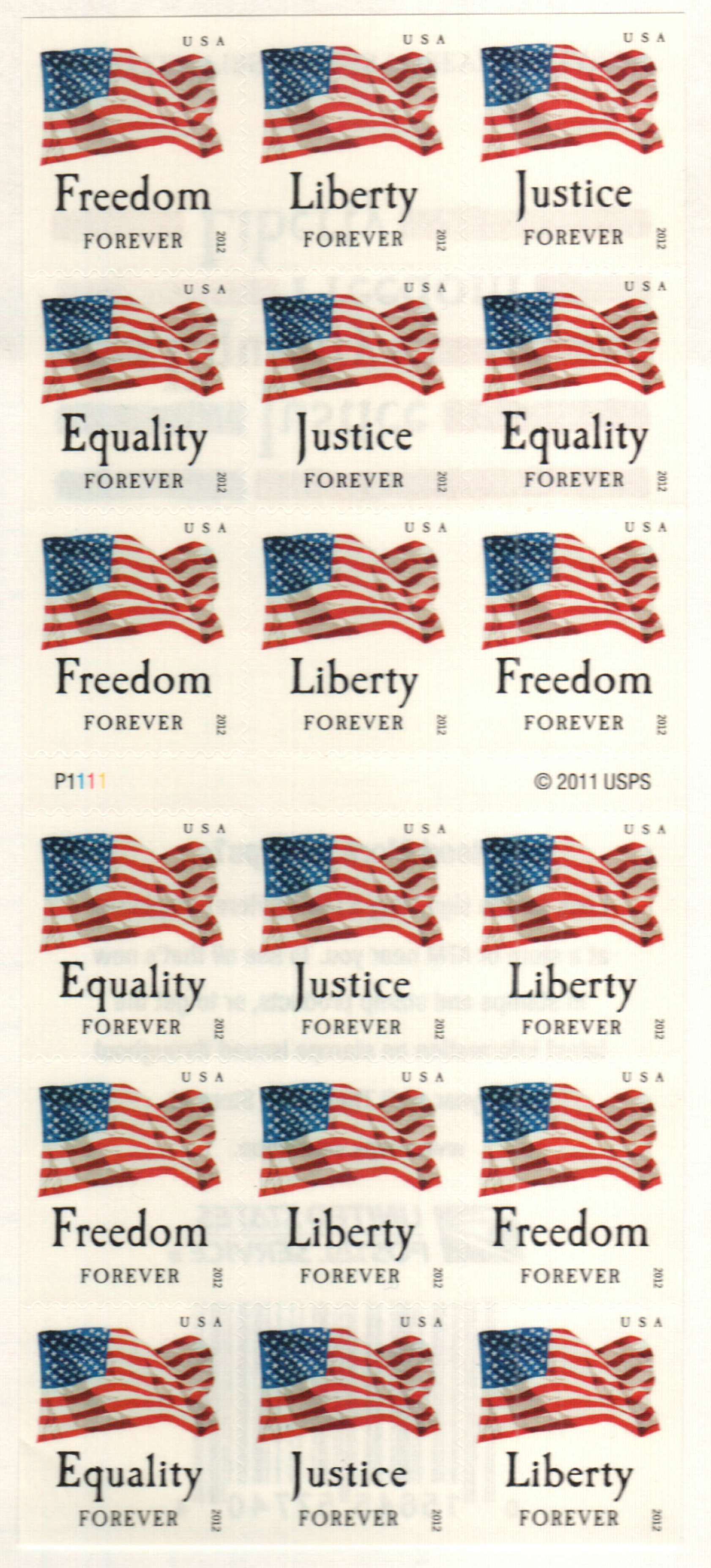 Flag USA Postage Stamps Liberty, Freedom, Justice, Equality (Four) MNH  FOREVER