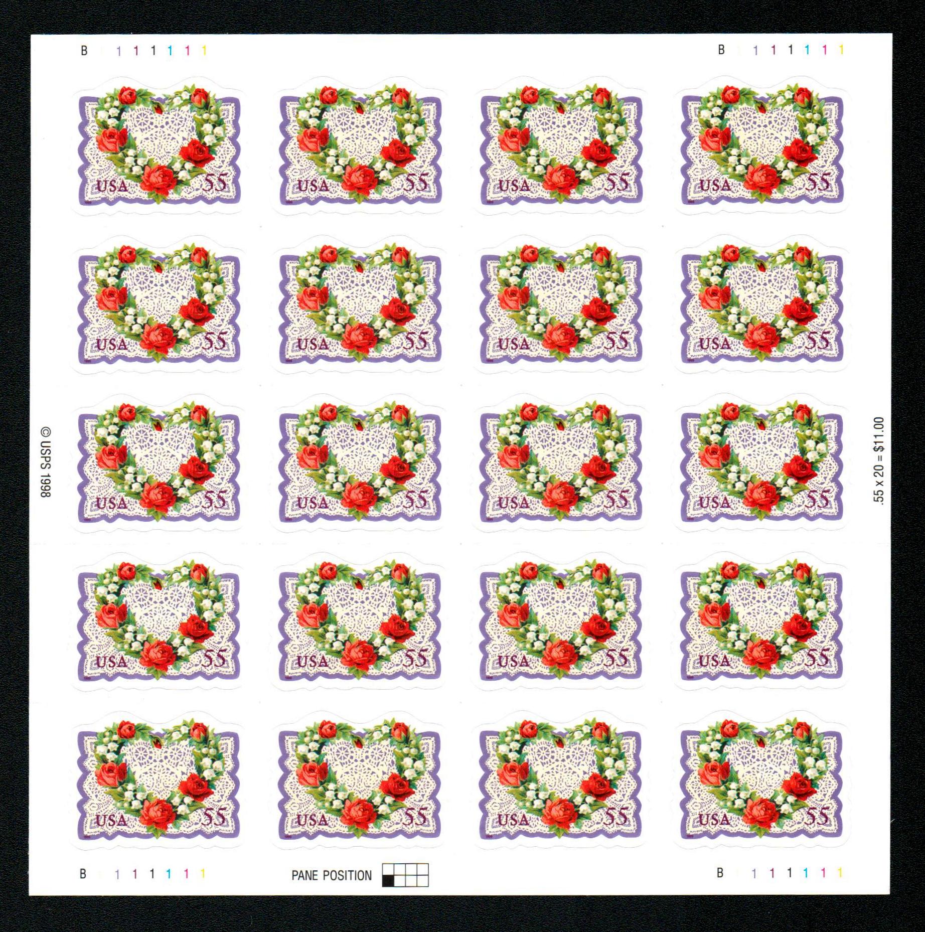 Love: Victorian Heart with Roses, Lily of the Valley and Lace, Full  Convertible Booklet of 20 x 33-Cent Postage Stamps, USA 1999, Scott 3274