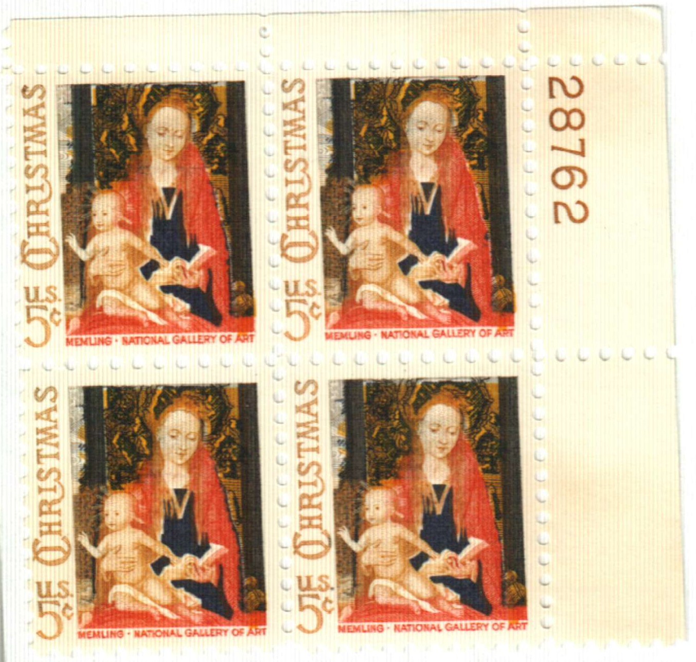 US 1966 Postal Stamps, Madonna and Child, S# 1321, PB of 4 5 Cent Stamps
