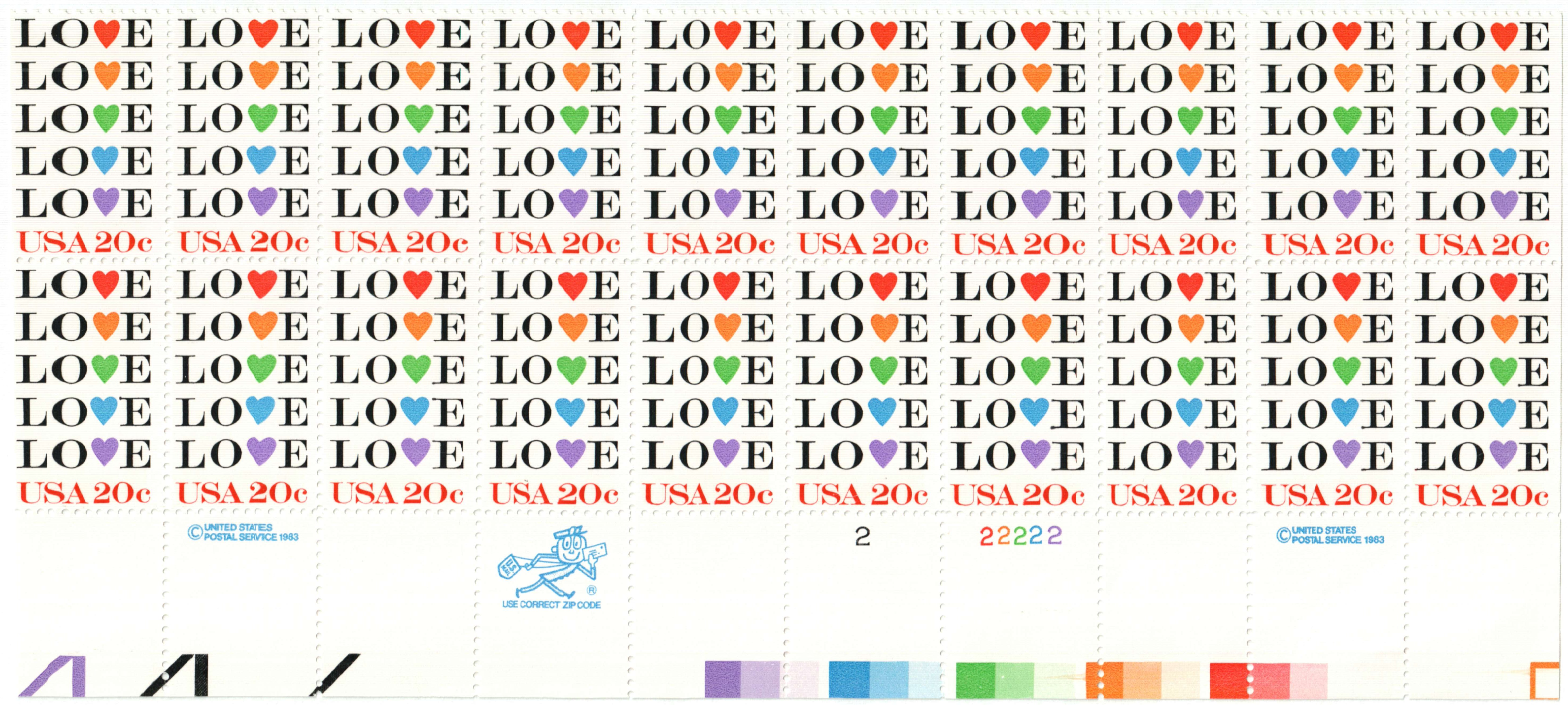 10 Love Rainbow Heart Stamps, 20 Cent 1984 Unused Postage Stamps, Colorful  Hearts 