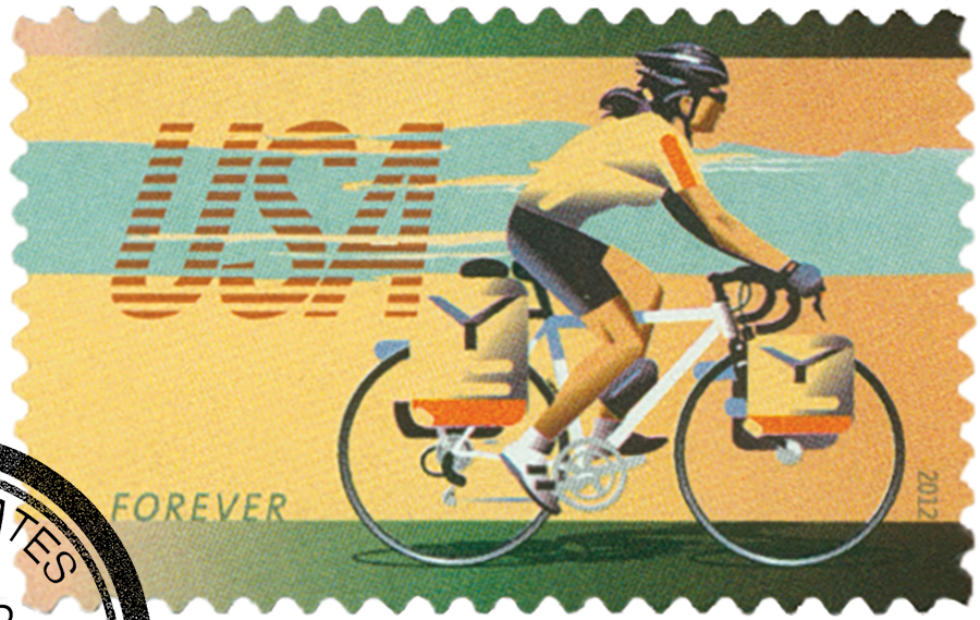4688 2012 First Class Forever Stamp Bicycling Commuter Riding Bicycle with Panniers Mystic Stamp Company