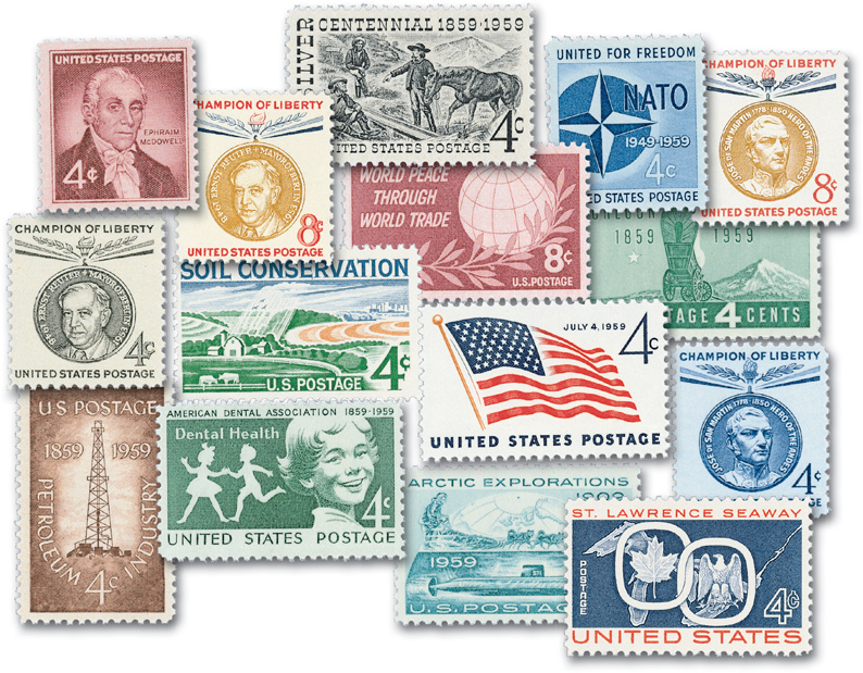 YS1959C - 1959 Complete Commemorative Year Set, 15 stamps - Mystic Stamp  Company