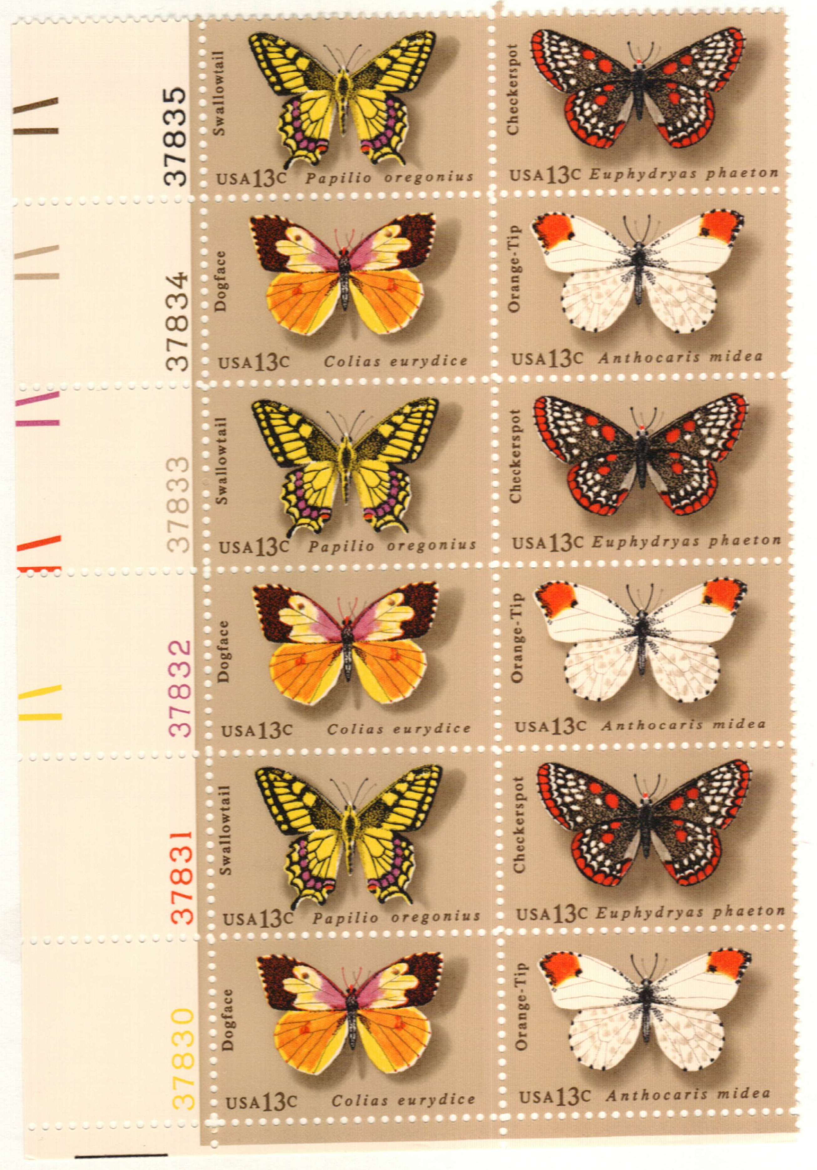 Butterfly Stamp Sheet, 50 Stamps, 13 Cent US Postage Stamps, 1977