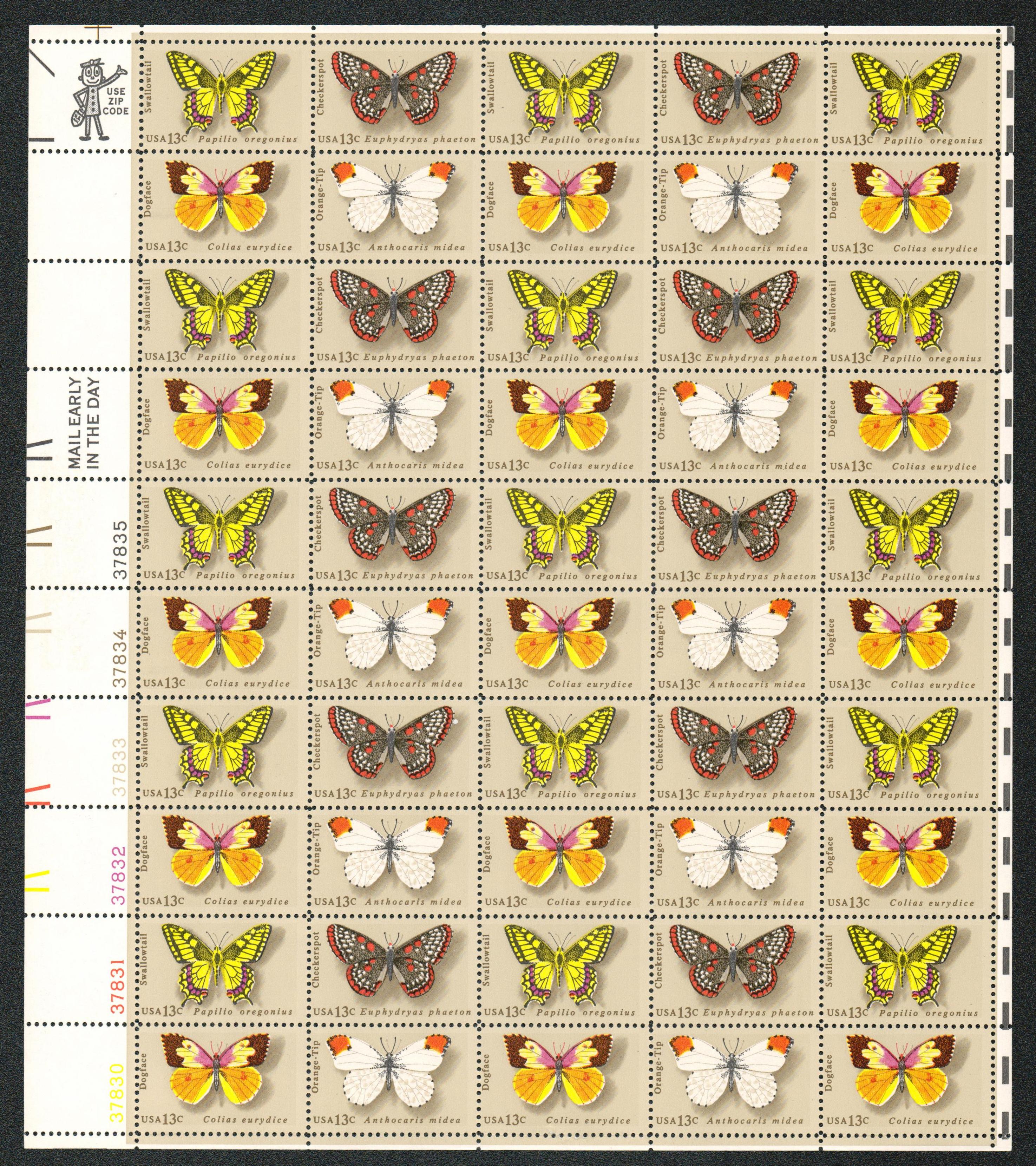 Butterfly Stamp Sheet, 50 Stamps, 13 Cent US Postage Stamps, 1977