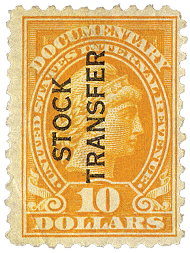 RD32 1928 10 Stock Transfer Stamp, orange, vertical overprint, perf