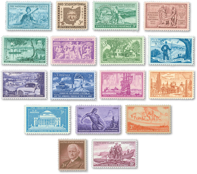 YS1953-54C - 1953-54 Complete Commemorative Year Set, 17 stamps