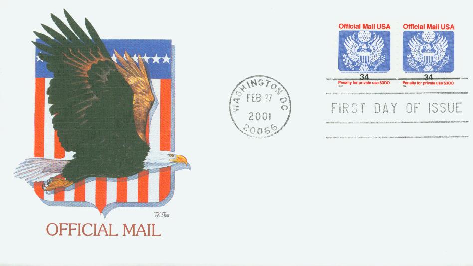 O158 - 2001 34c Red, Blue and Black, Official Mail - Mystic Stamp Company