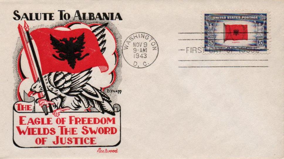 TEN 5c Flag of Albania .. Unused US Postage Stamps Pack of 10 Stamps the  Alps Skiing Mediterranean Honeymoon Stamps for Mailing 