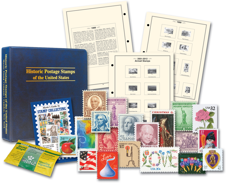 MUS032 - Mystic's Historic Postage Stamps of the United States Album with  100 US Postally Used Stamps & 1000 Hinges - Mystic Stamp Company