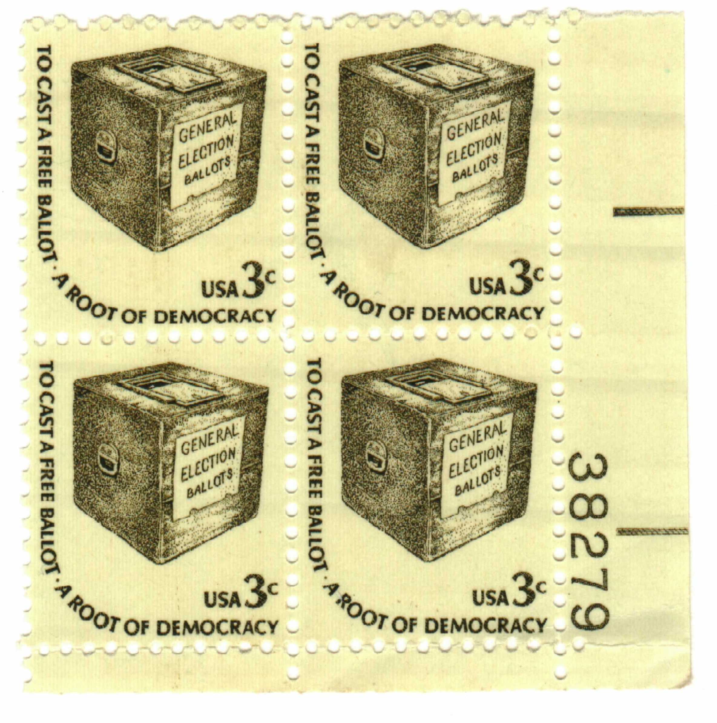 US postage stamp, 3 cents. To cast a free ballot - a root of democracy.  Issued 08 December 1977 in St. Louis, MO. Sco…