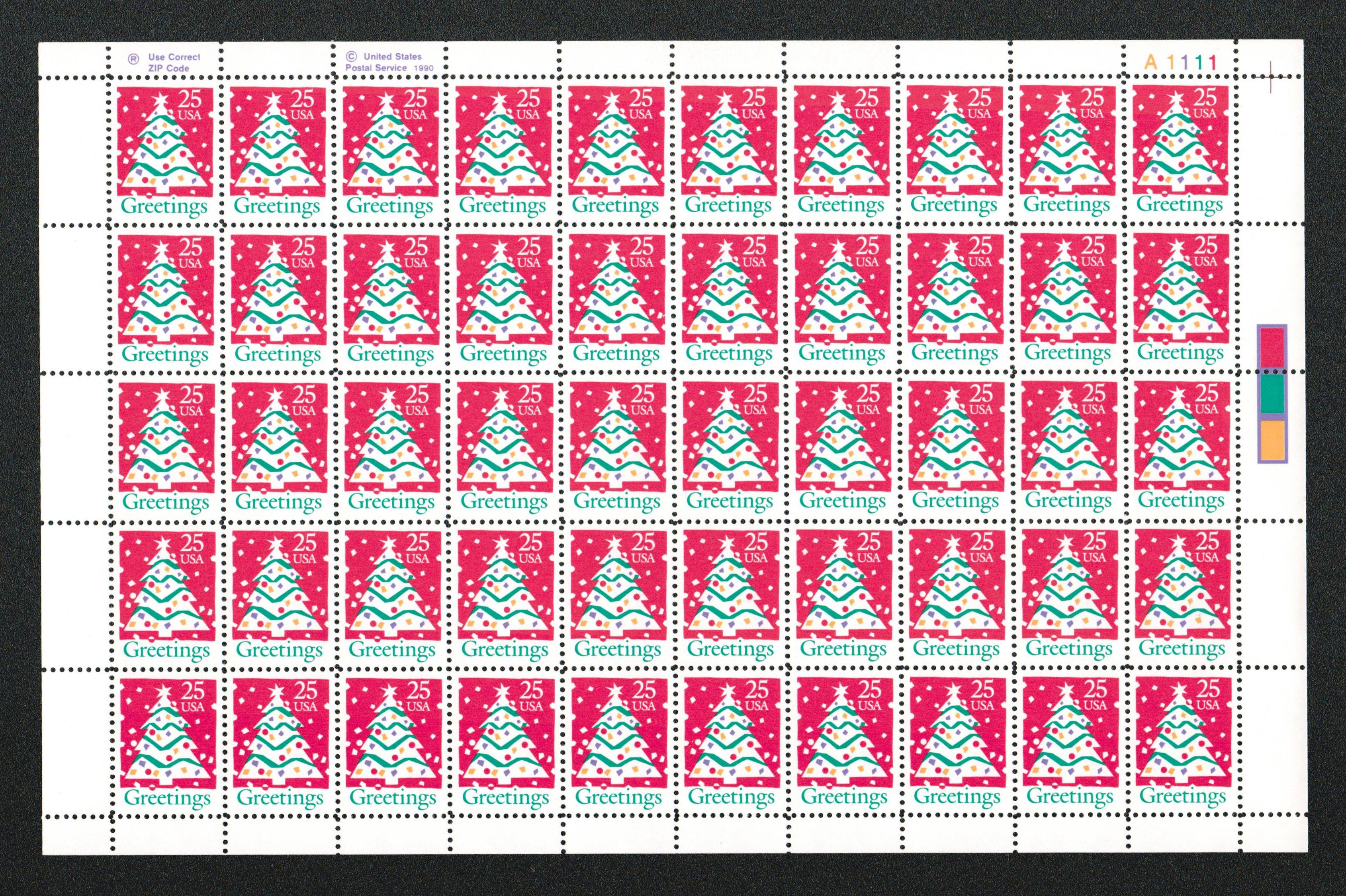 10 Vintage Unused Christmas Tree Stamps / Christmas Tree Holiday USPS  Postage / 25 Cents US 