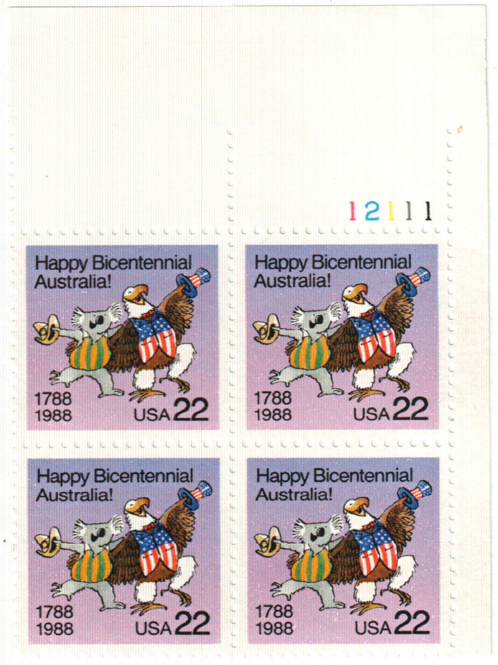 Five 5 Unused USPS Postage Stamps Australian Bicentennial 22c // 22 Cent  Stamps // Face Value 1.10 