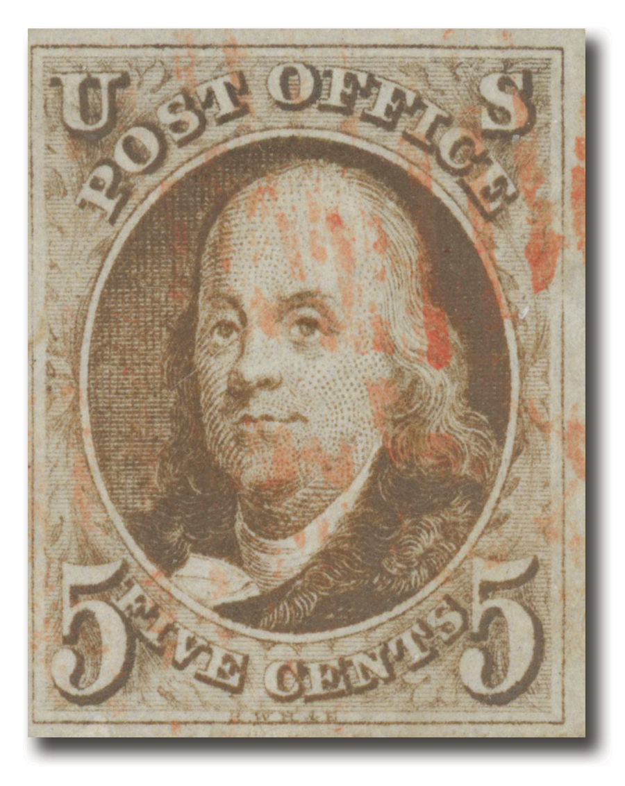 1 - 1847 5c Benjamin Franklin, red-brown, thin bluish wove paper,  imperforate - Mystic Stamp Company