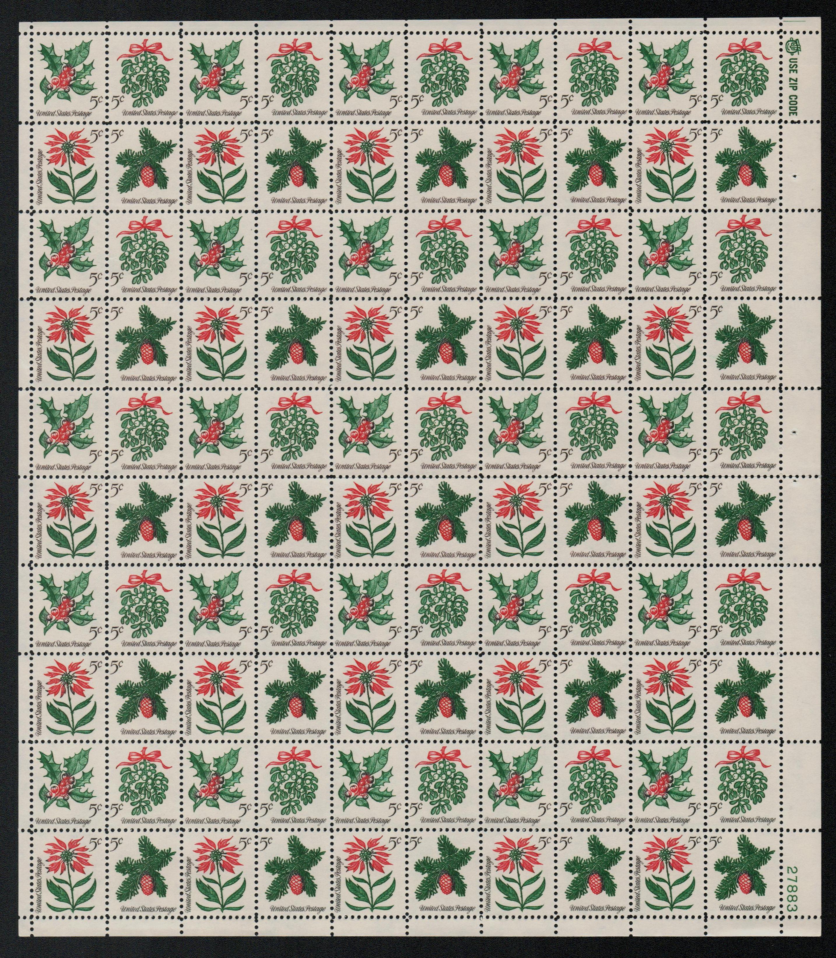 1964 Vintage Christmas Foliage Mistletoe Evergreens Poinsettia Holly Scott  #1257 4 x 5¢ US Postage Stamps