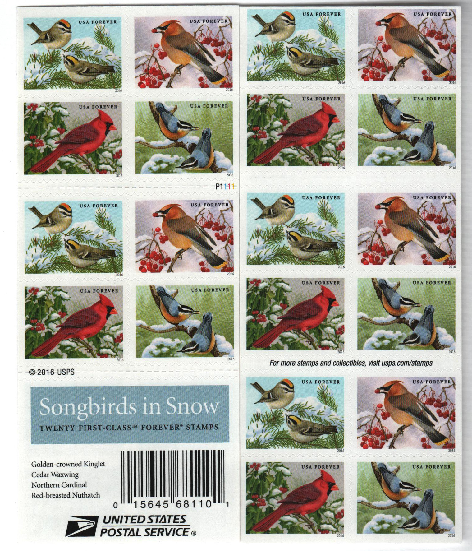 BOOKLET of 20 USPS Birds in Winter Self-Adhesive Forever Stamps BOOK SHEET  PANE