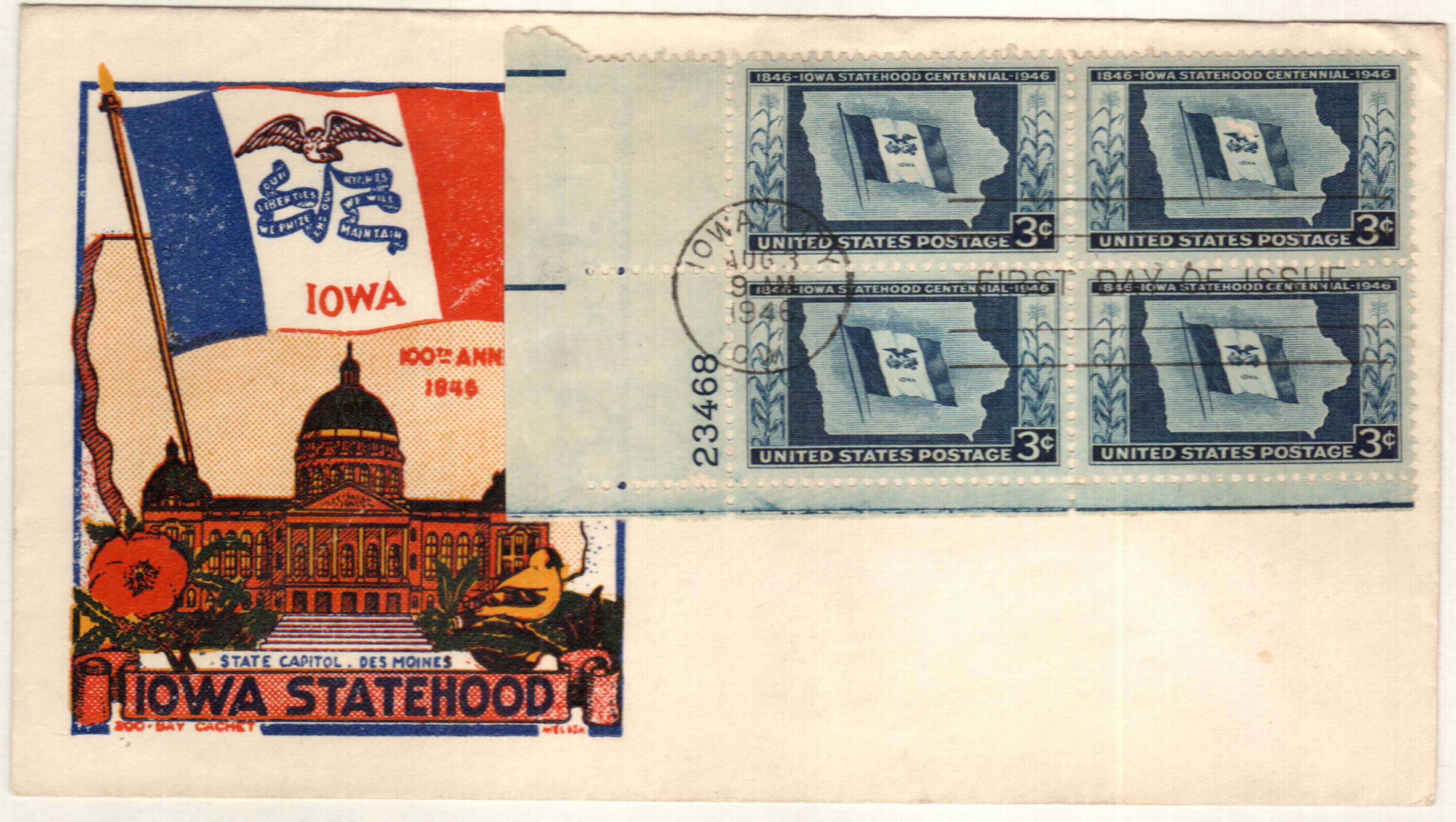 942 FDC 1946 3c Iowa Centennial Mystic Stamp Company
