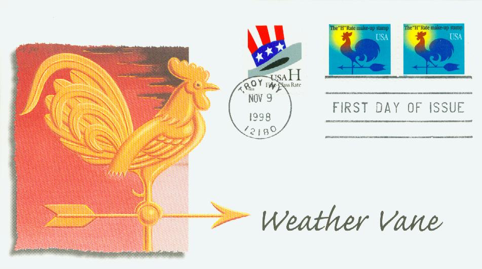 3258 FDC - 1998 1c Weather Vane, blue USA - Mystic Stamp Company