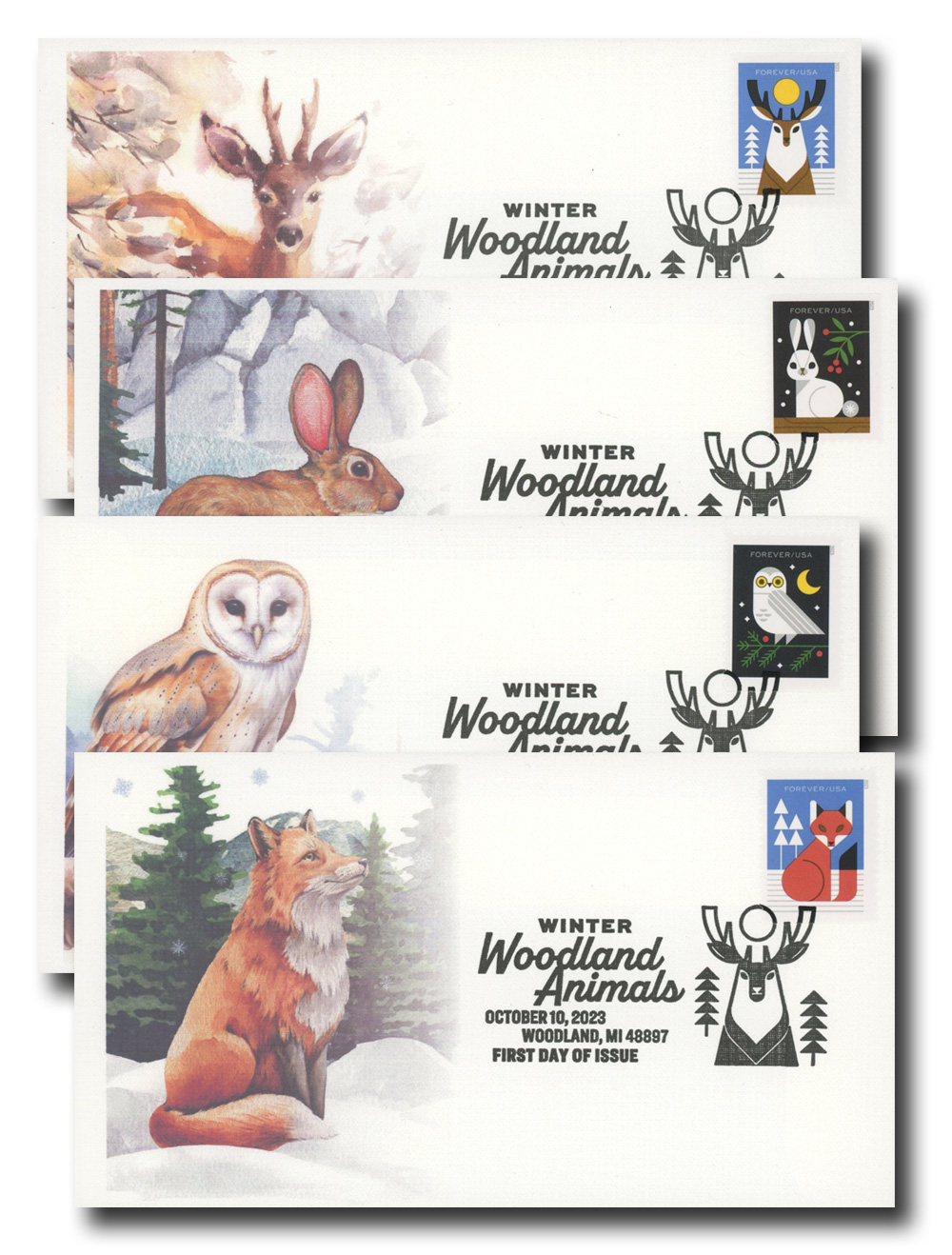 Winter Woodland Animals USPS Forever Postage Stamp 1 Book of 20 US First  Class Seasons Holiday Snow Habitat Gift Wedding Celebration Christmas