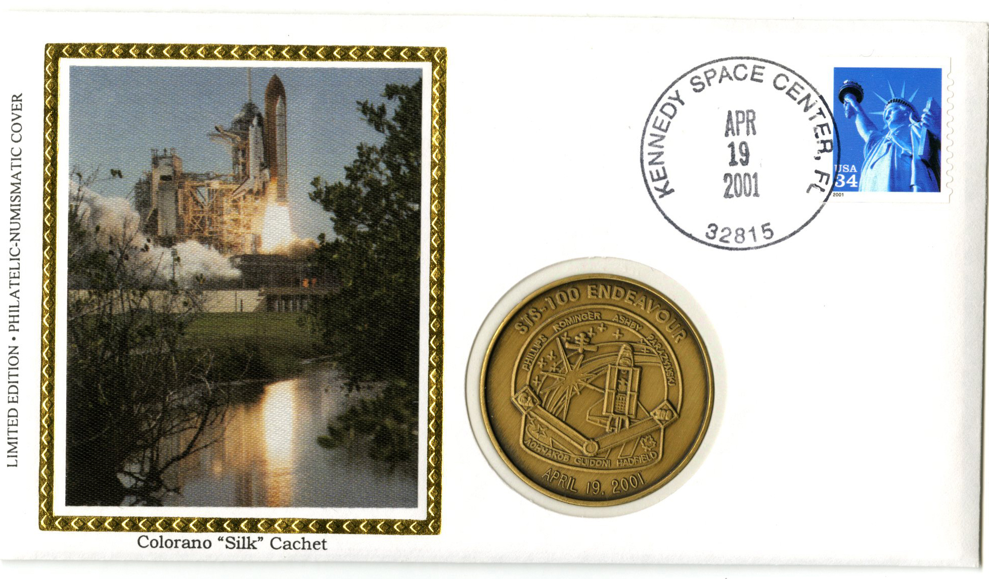 STS100M STS100. Launch cover with official medal Mystic Stamp Company