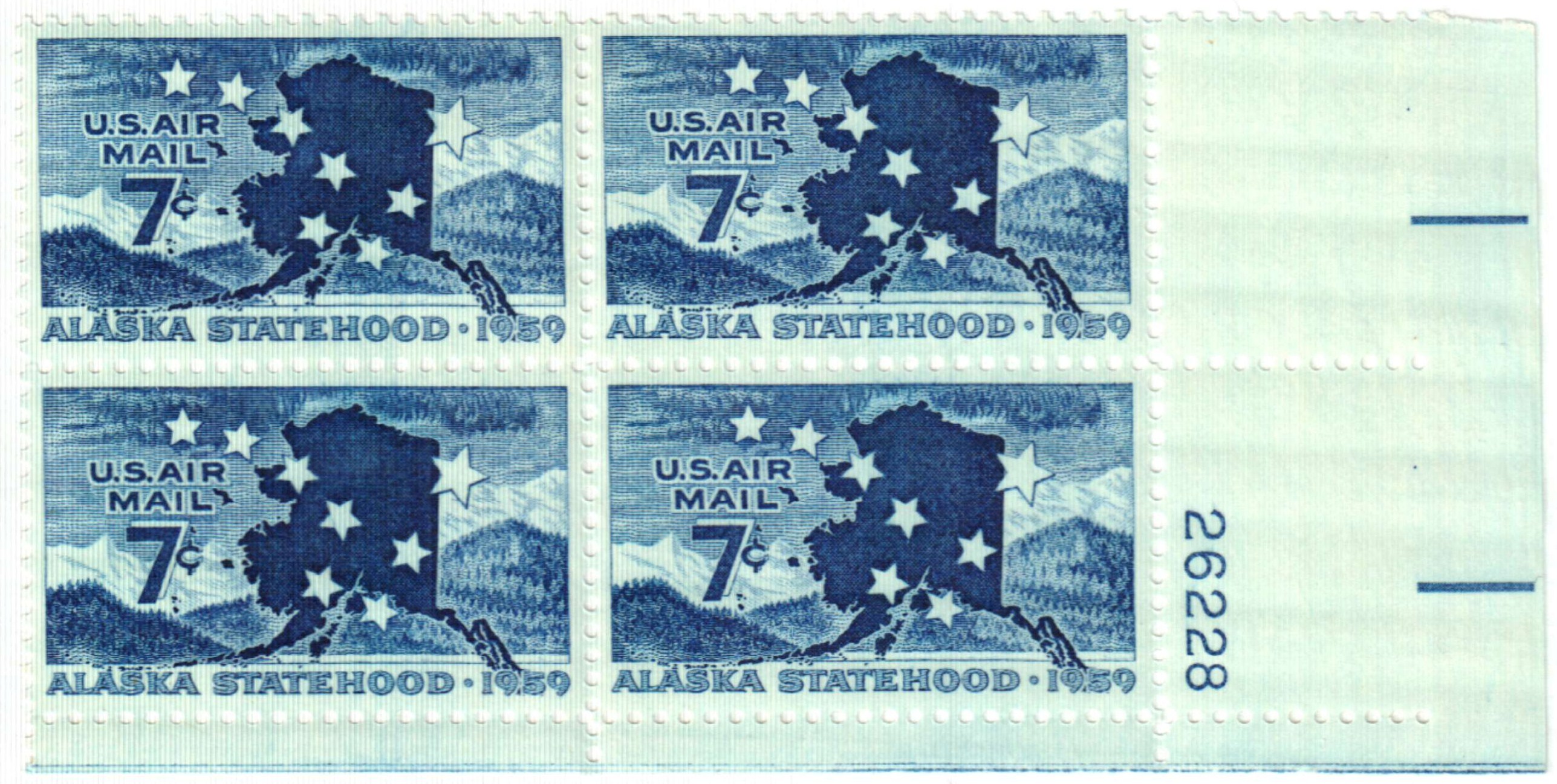 Alaska Statehood Sheet of Fifty 7-Cent United States Air Mail Stamps Issued  1959