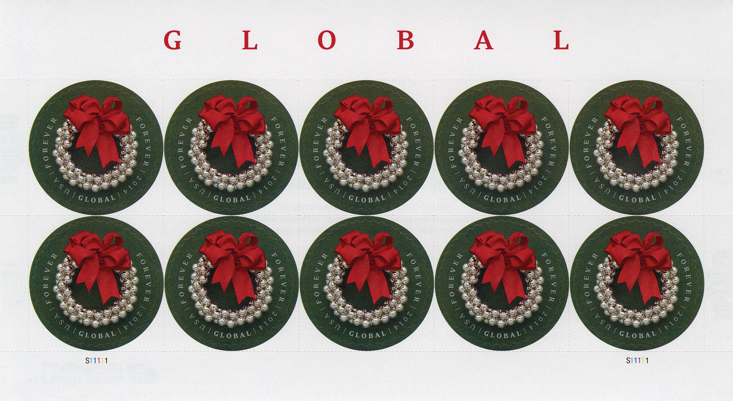 USPS Global Forever Stamp Evergreen Wreath - Sheet of 10