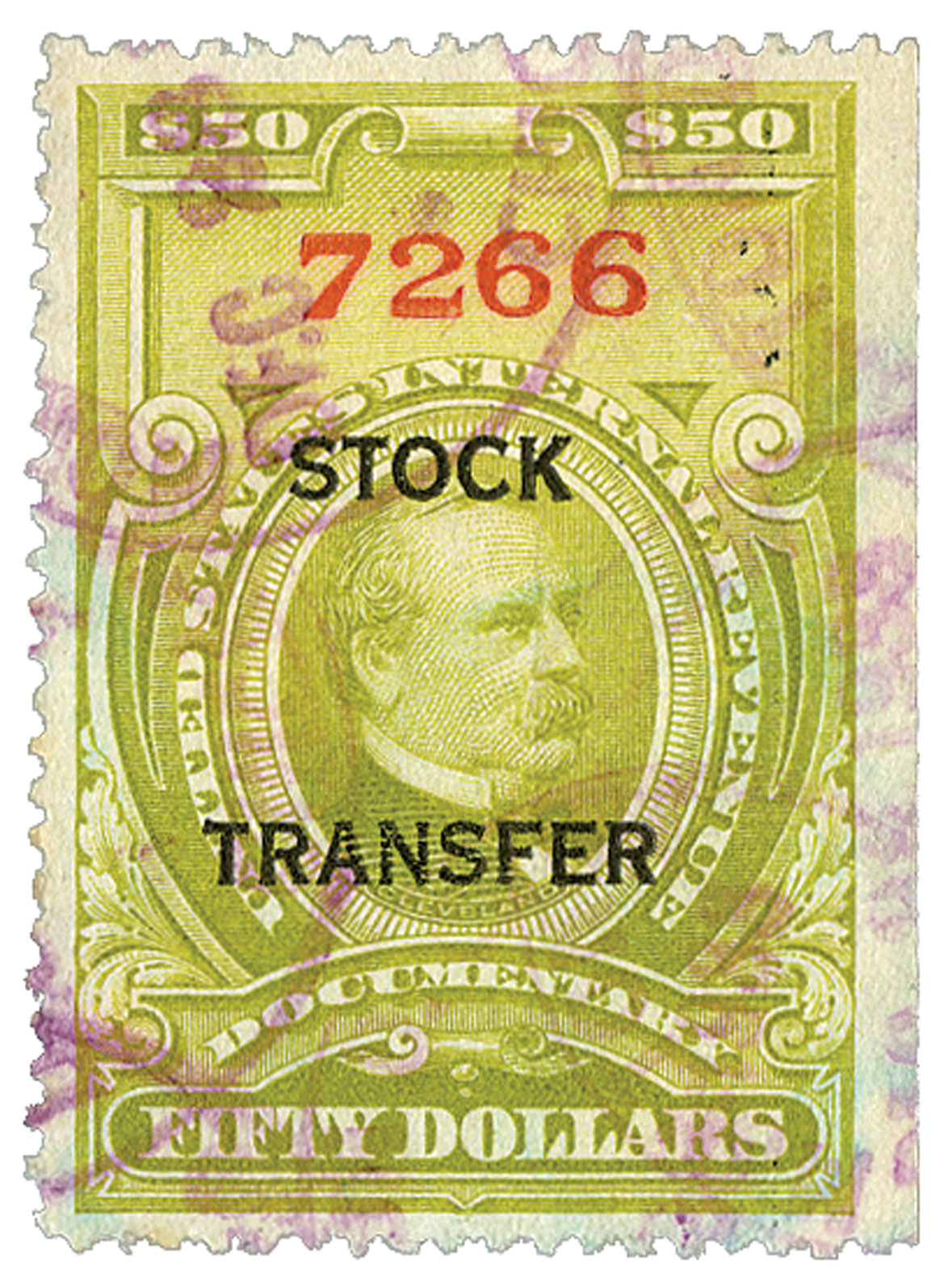 RD20 1918 50 Stock Transfer Stamp, olive green, horizontal overprint