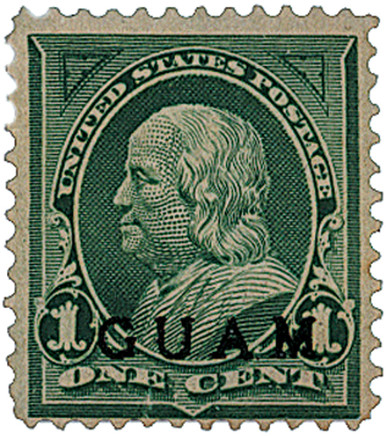G1 - 1899 1c Guam - deep green black overprint, - Mystic Stamp Company