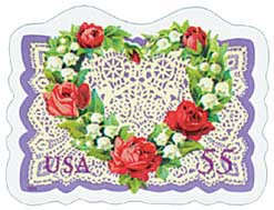 Love: Victorian Heart with Roses, Lily of the Valley and Lace, Full  Convertible Booklet of 20 x 33-Cent Postage Stamps, USA 1999, Scott 3274