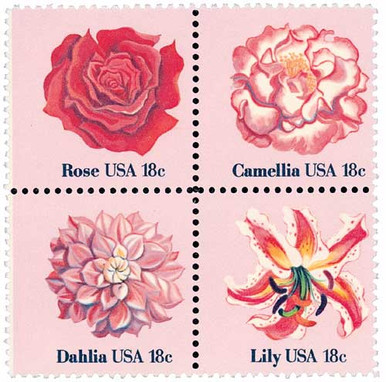 1981 Flowers Rose, Camellia, Dahlia, Lily Block of 4 18c Postage Stamp –  Vegas Stamps & Hobbies