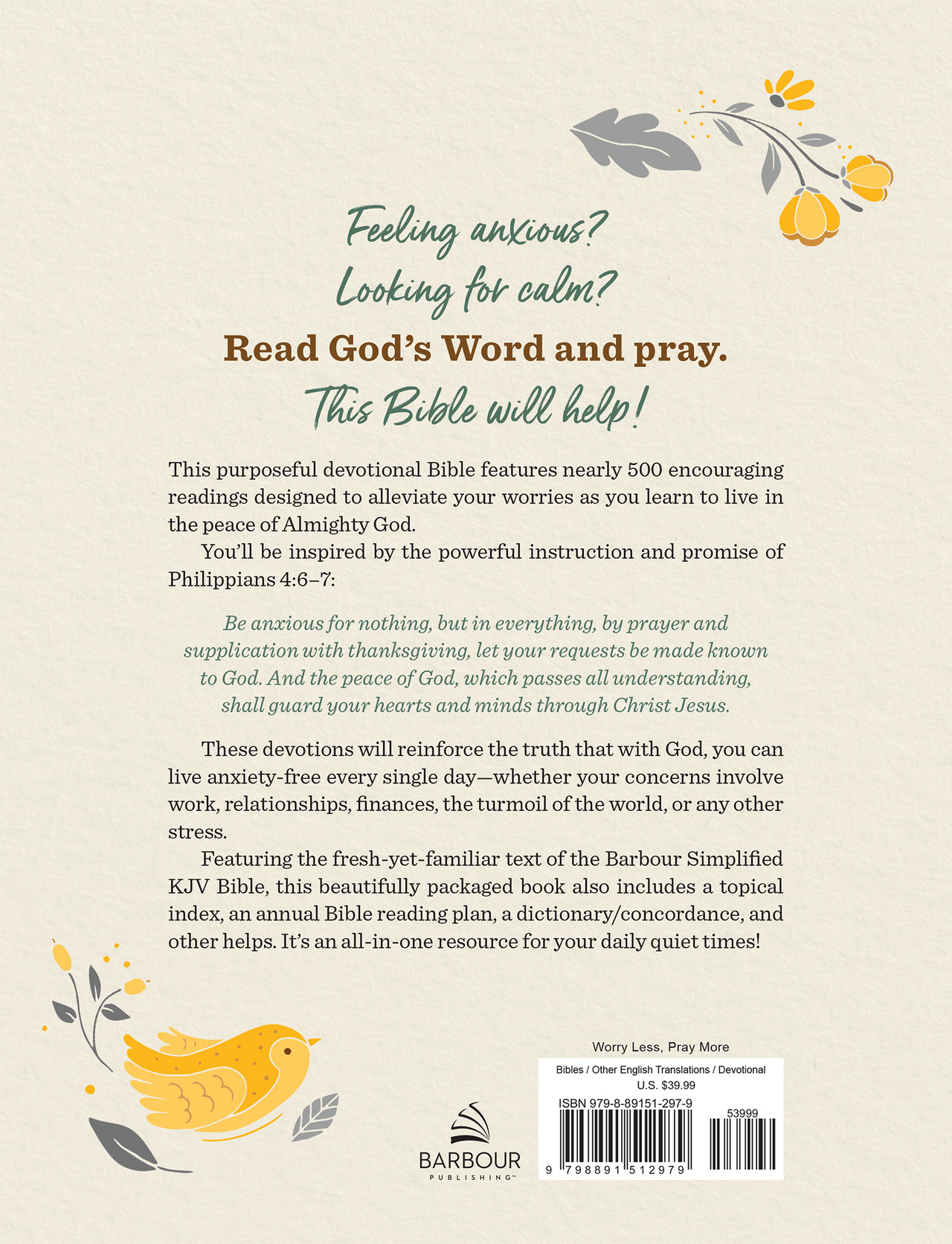 The Barbour SKJV Devotional Bible for Women: Worry Less, Pray More