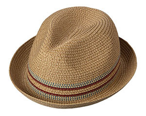 Our popular 1 1/4” stingy brim, pinch front fedora in a melanged color paper braid with a striped pattern around the crown to emulate a ribbon band. Inside grosgrain sweatband. COLOR: Tan SIZES: Specify: M, L, XL, XXL