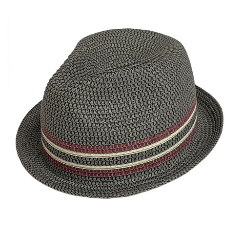 	
Our popular 1 1/4” stingy brim, pinch front fedora in a melanged color paper braid with a striped pattern around the crown to emulate a ribbon band. Inside grosgrain sweatband. COLORS: Pewter, Storm Cloud, Blues, Tan. SIZES: Specify: M, L, XL, XXL. 