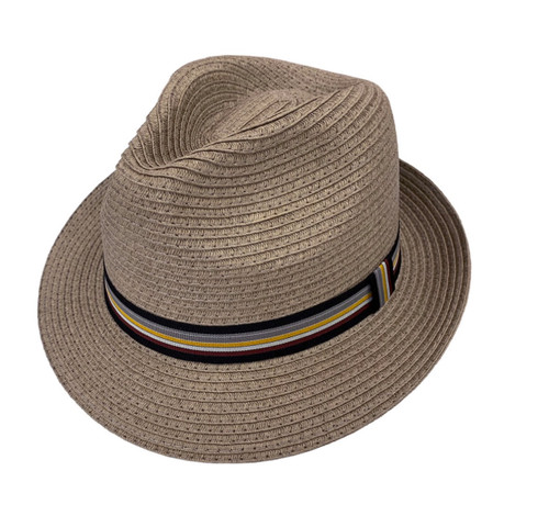 Pinch front paper braid fedora complemented with a multi-color striped grosgrain ribbon band. 2” brim snaps up in back. Inside grosgrain sweatband. COLORS: Black, Taupe, Wheat. SIZES: Specify: M, L, XL
