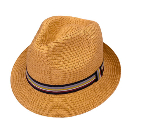 Pinch front paper braid fedora complemented with a multi-color striped grosgrain ribbon band. 2” brim snaps up in back. Inside grosgrain sweatband. COLORS: Black, Taupe, Wheat. SIZES: Specify: M, L, XL 