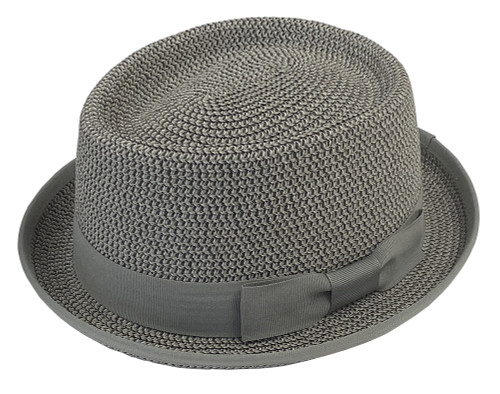 Tricolor mixed paper braid pork pie with a classic grosgrain ribbon band and bow. Upturned stingy brim measures 1 1/2”. Inside matching grosgrain sweatband. COLORS: Tan, Grey, Bluestone. SIZES: Specify: S/M or L/XL 