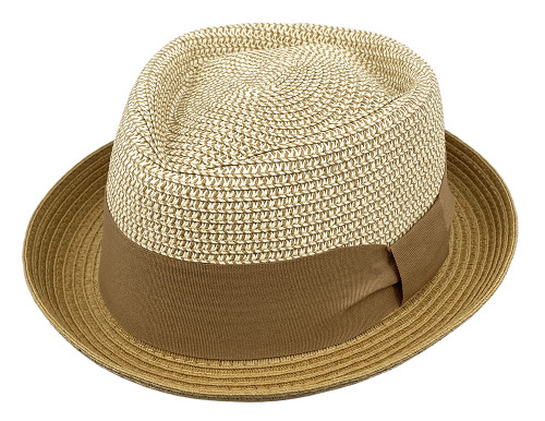 Paper braid diamond crown dress hat has a marled crown and solid color 1 3/4” brim. Wide grosgrain ribbon band and cross piece. Inside matching grosgrain sweatband. SIZES: Specify: S, M, L, XL.